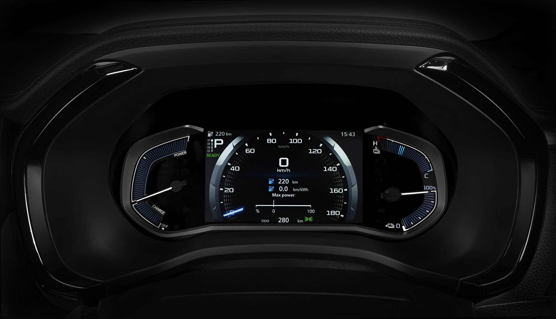 Instrumentpanelen i Isuzu D-Max BEV – eldriftanpassad display med information om hastighet, batterinivå och körläge.