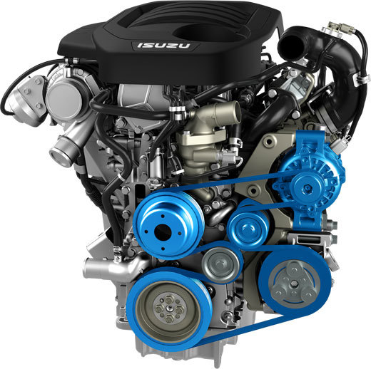 Skissbild av Isuzu D-Max motor – visar motorblockets uppbyggnad och tekniska komponenter i genomskärning.