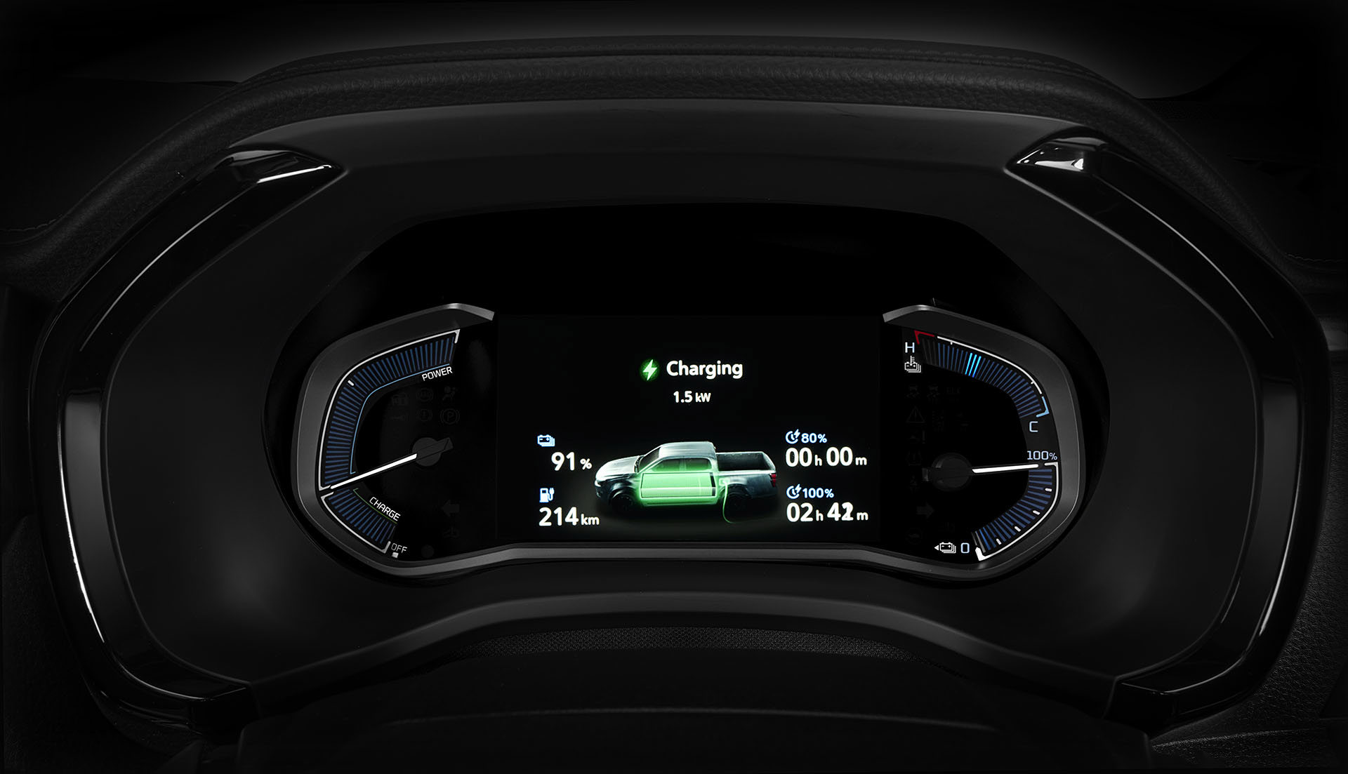 Instrumentpanelen i Isuzu D-Max BEV – visar laddningsstatus och batterinivå under pågående laddning.